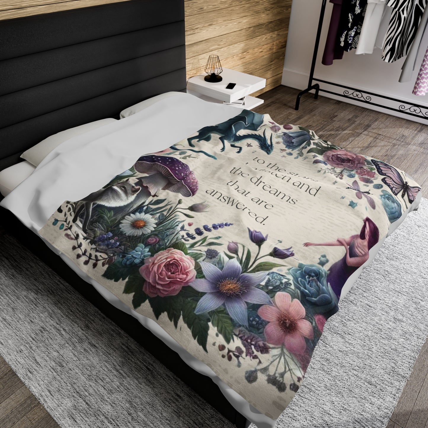 Bookish Fleece Blanket, To the Stars Romantasy Throw with Fairies, Dragons, and Florals, Bookstagram Merch, Acotar Gift for Reader